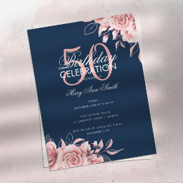 Budget Floral Birthday Party Roos Gold & Navy Briefkaart