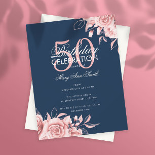 Budget Floral Birthday Party Roos Gold Navy Kaart