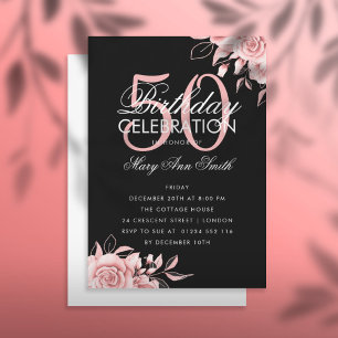 Budget Floral Birthday Roos Gold & Black Invite Notitiekaartje