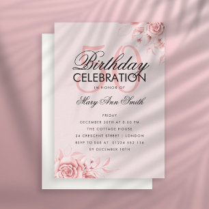 Budget Floral Birthday Roos Gold Invite Blush Notitiekaartje