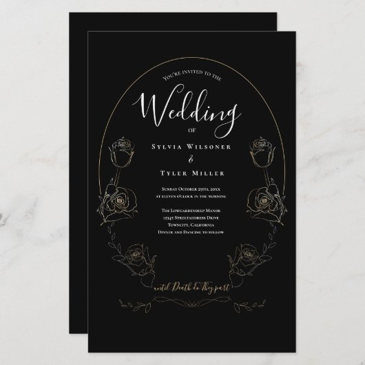 Budget Floral Black Gothic Wedding Invitation (Voorkant / Achterkant)