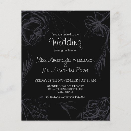Budget/Floral/Black - Wedding Invitation. Flyer (Voorkant)