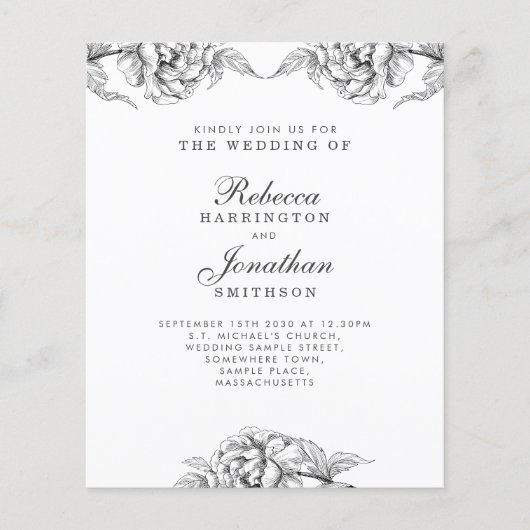 Budget  Floral Black White Wedding Invite (Voorkant)