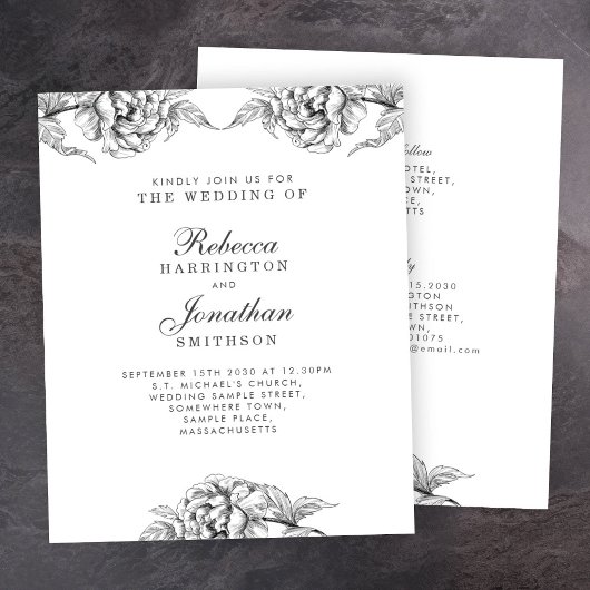 Budget Floral Black White Wedding Invite