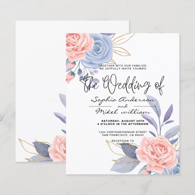 Budget Floral Blue & Pink Golden bruiloft Uitnodig (Voorkant / Achterkant)