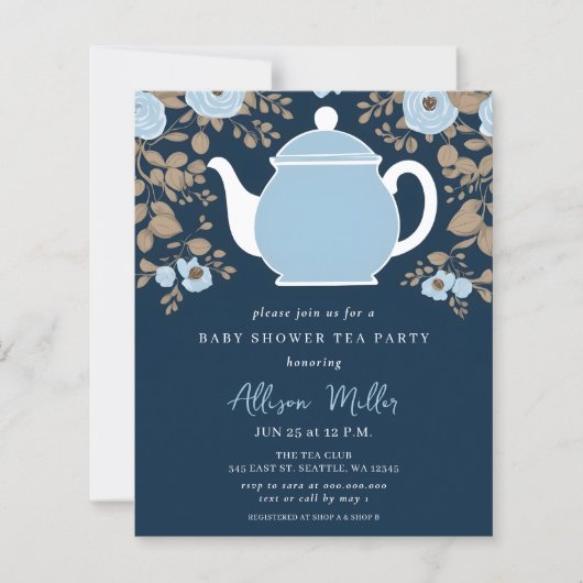 Budget Floral Blue Tea Party Boy Baby Shower Invit (Voorkant)