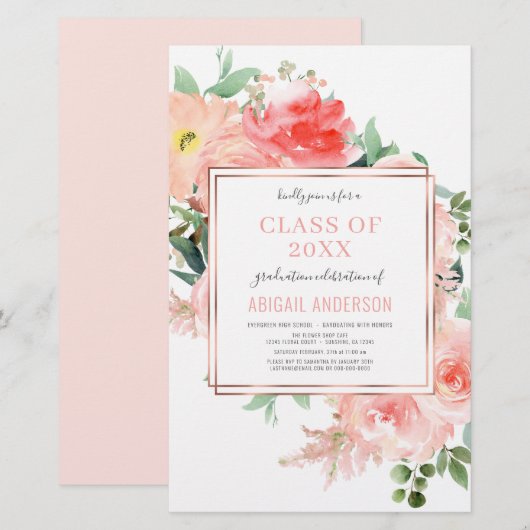 Budget Floral Blush Coral 2023 Afstudeerder Uitnod (Voorkant / Achterkant)