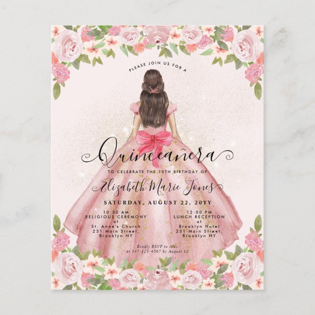 Budget Floral Blush Pink Gold Princess Quinceanera (Voorkant)