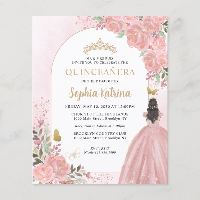 Budget Floral Blush Pink Gold Princess Quinceanera (Voorkant)