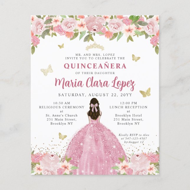 Budget Floral Blush Pink Gold Princess Quinceanera (Voorkant)