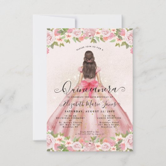 Budget Floral Blush Pink Gold Princess Quinceanera Notitiekaartje (Voorkant)