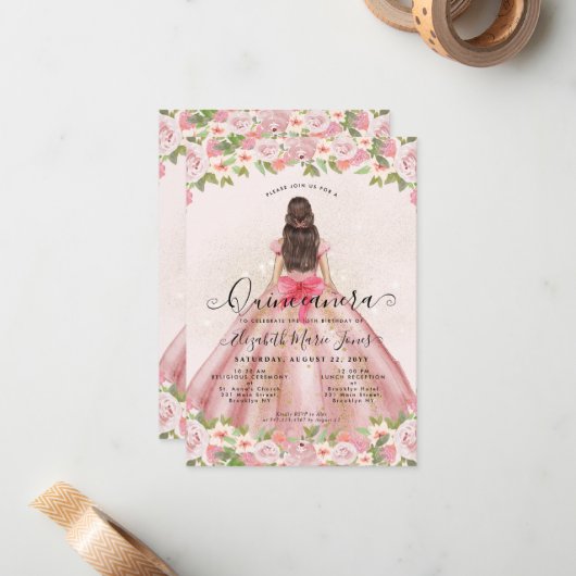 Budget Floral Blush Pink Gold Princess Quinceanera Notitiekaartje (Voorkant / Achterkant in situ)