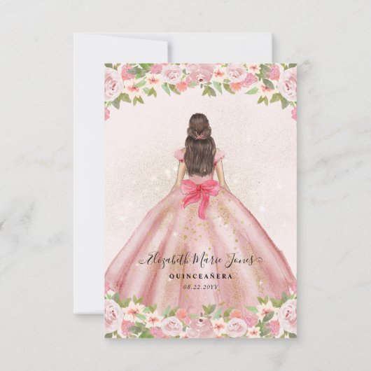 Budget Floral Blush Pink Gold Princess Quinceanera Notitiekaartje (Achterkant)