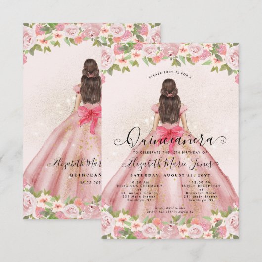 Budget Floral Blush Pink Gold Princess Quinceanera Notitiekaartje (Voorkant / Achterkant)
