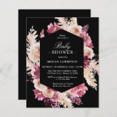 Budget Floral Boho Baby shower Black Uitnodiging (Voorkant / Achterkant)