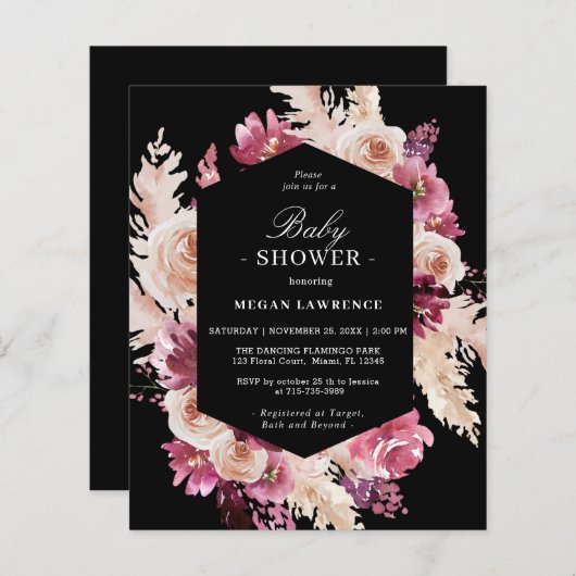 Budget Floral Boho Baby shower Black Uitnodiging (Voorkant / Achterkant)