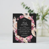 Budget Floral Boho Baby shower Black Uitnodiging (Staand voorkant)