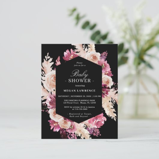 Budget Floral Boho Baby shower Black Uitnodiging (Staand voorkant)