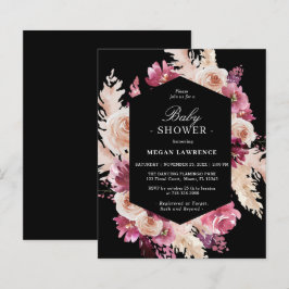 Budget Floral Boho Baby shower Black Uitnodiging