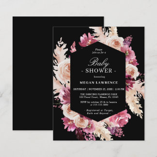 Budget Floral Boho Baby shower Black Uitnodiging