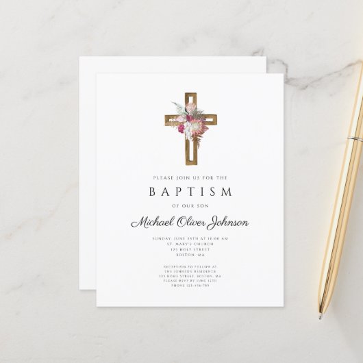 Budget Floral Boho Cross Baptism Uitnodiging (Voorkant / Achterkant in situ)