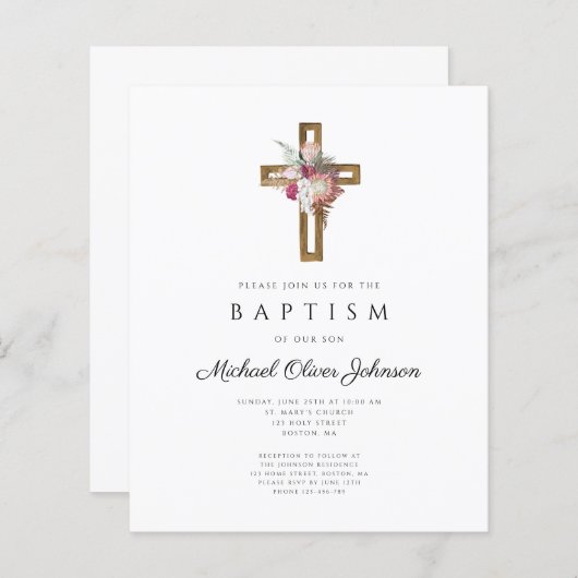 Budget Floral Boho Cross Baptism Uitnodiging (Voorkant / Achterkant)