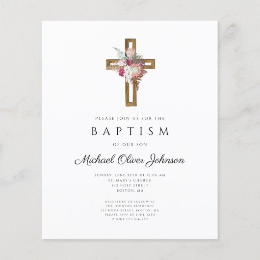 Budget Floral Boho Cross Baptism Uitnodiging (Voorkant)