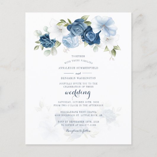 Budget Floral Botanical Dusty Blue Wedding Invite (Voorkant)