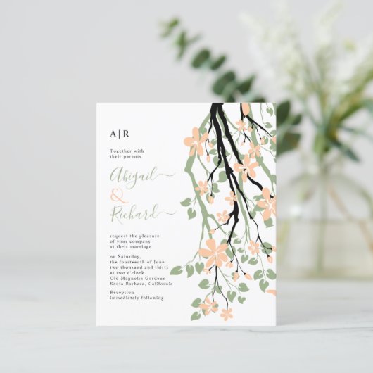 BUDGET Floral branch, QR code bruiloft uitnodiging (Staand voorkant)