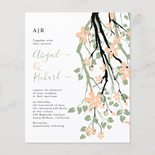 BUDGET Floral branch, QR code bruiloft uitnodiging (Voorkant)