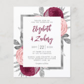 Budget Floral Burgundy Blush Silver Wedding Invite (Voorkant)