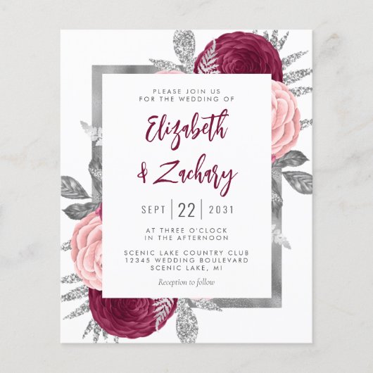 Budget Floral Burgundy Blush Silver Wedding Invite (Voorkant)