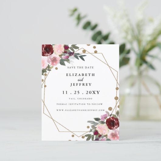 Budget Floral Burgundy Gold bespaart de datum (Staand voorkant)
