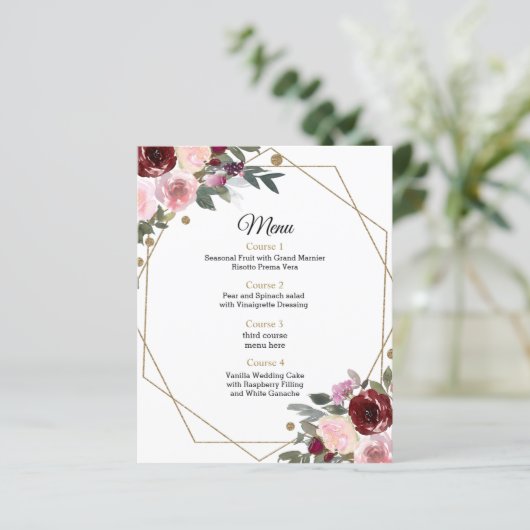 Budget Floral Burgundy Gold Geometric Wedding Menu (Staand voorkant)