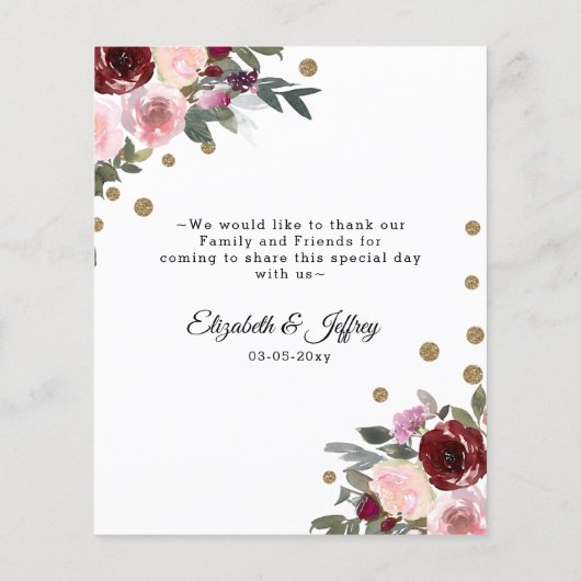 Budget Floral Burgundy Gold Geometric Wedding Menu (Achterkant)