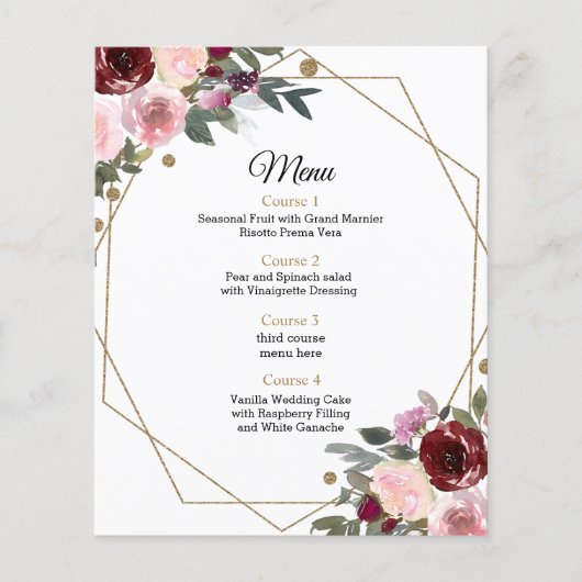 Budget Floral Burgundy Gold Geometric Wedding Menu (Voorkant)