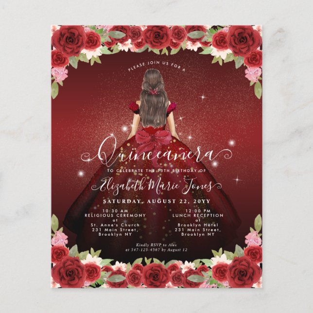 Budget Floral Burgundy Gold Princess Quinceanera (Voorkant)