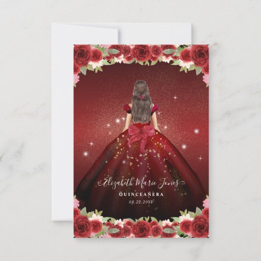 Budget Floral Burgundy Gold Princess Quinceanera Notitiekaartje (Achterkant)