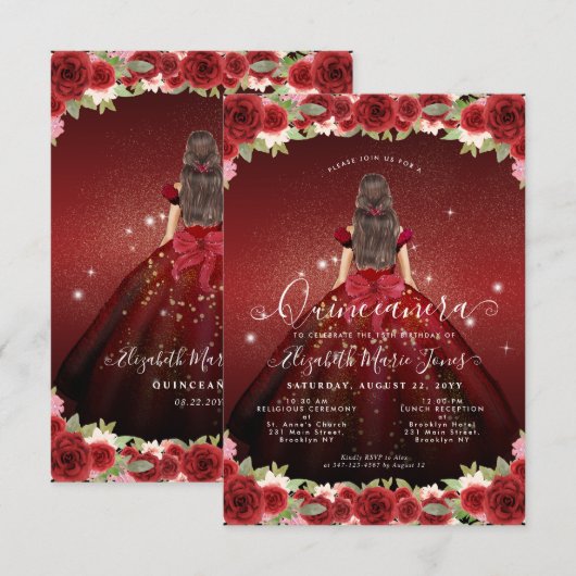 Budget Floral Burgundy Gold Princess Quinceanera Notitiekaartje (Voorkant / Achterkant)