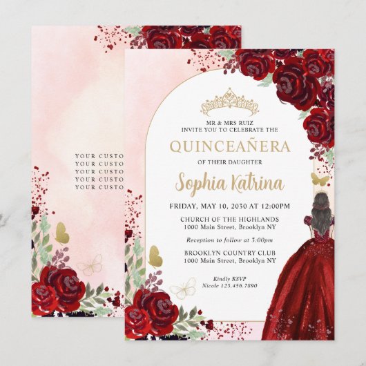 Budget Floral Burgundy Gold Princess Quinceanera Notitiekaartje (Voorkant / Achterkant)