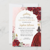 Budget Floral Burgundy Gold Princess Quinceanera Notitiekaartje (Voorkant)