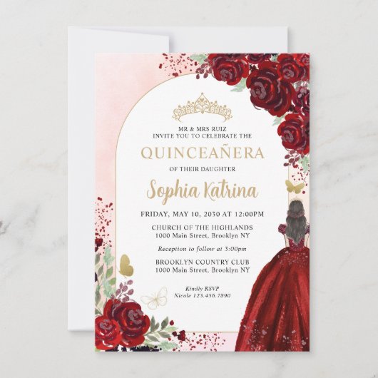 Budget Floral Burgundy Gold Princess Quinceanera Notitiekaartje (Voorkant)