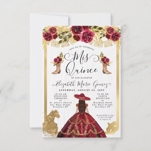 Budget Floral Burgundy Latina Charra Quinceanera Notitiekaartje (Voorkant)