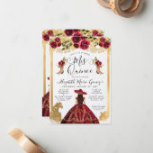 Budget Floral Burgundy Latina Charra Quinceanera Notitiekaartje (Voorkant / Achterkant in situ)