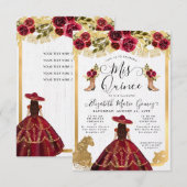 Budget Floral Burgundy Latina Charra Quinceanera Notitiekaartje (Voorkant / Achterkant)