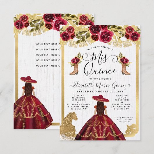 Budget Floral Burgundy Latina Charra Quinceanera Notitiekaartje (Voorkant / Achterkant)