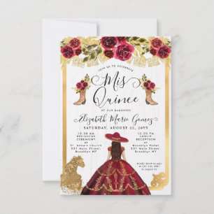 Budget Floral Burgundy Latina Charra Quinceanera Notitiekaartje