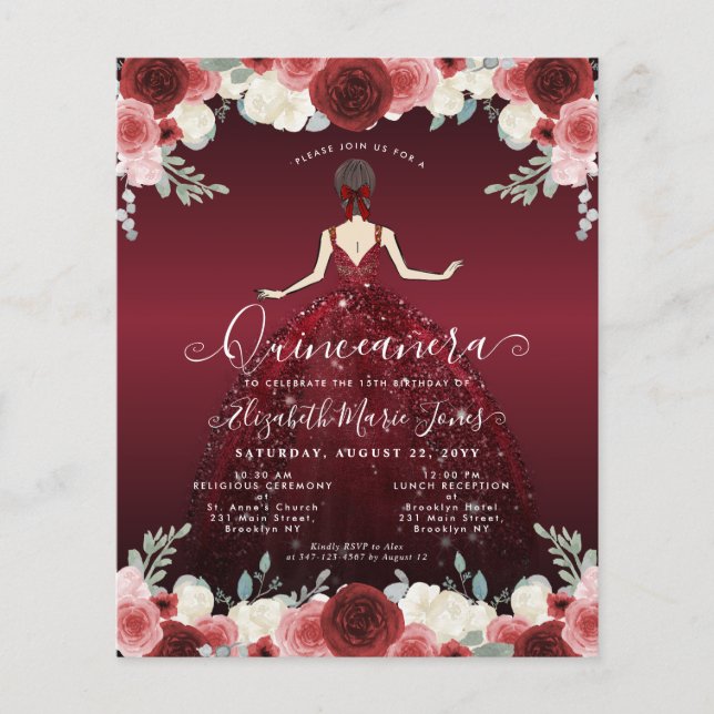 Budget Floral Burgundy Red Dress Gown Quinceanera (Voorkant)