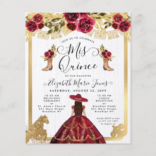 Budget Floral Burgundy Red Gold Charra Quinceanera (Voorkant)