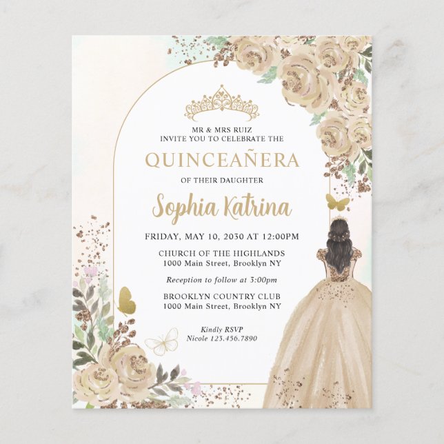 Budget Floral Champagne Gold Princess Quinceanera (Voorkant)